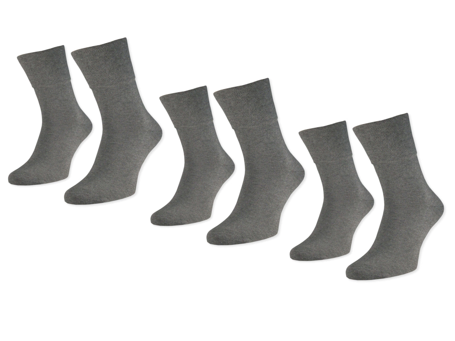 Sechs Paar graue Diabetikersocken ohne Gummi in verschiedenen Größen, kein Einschneiden