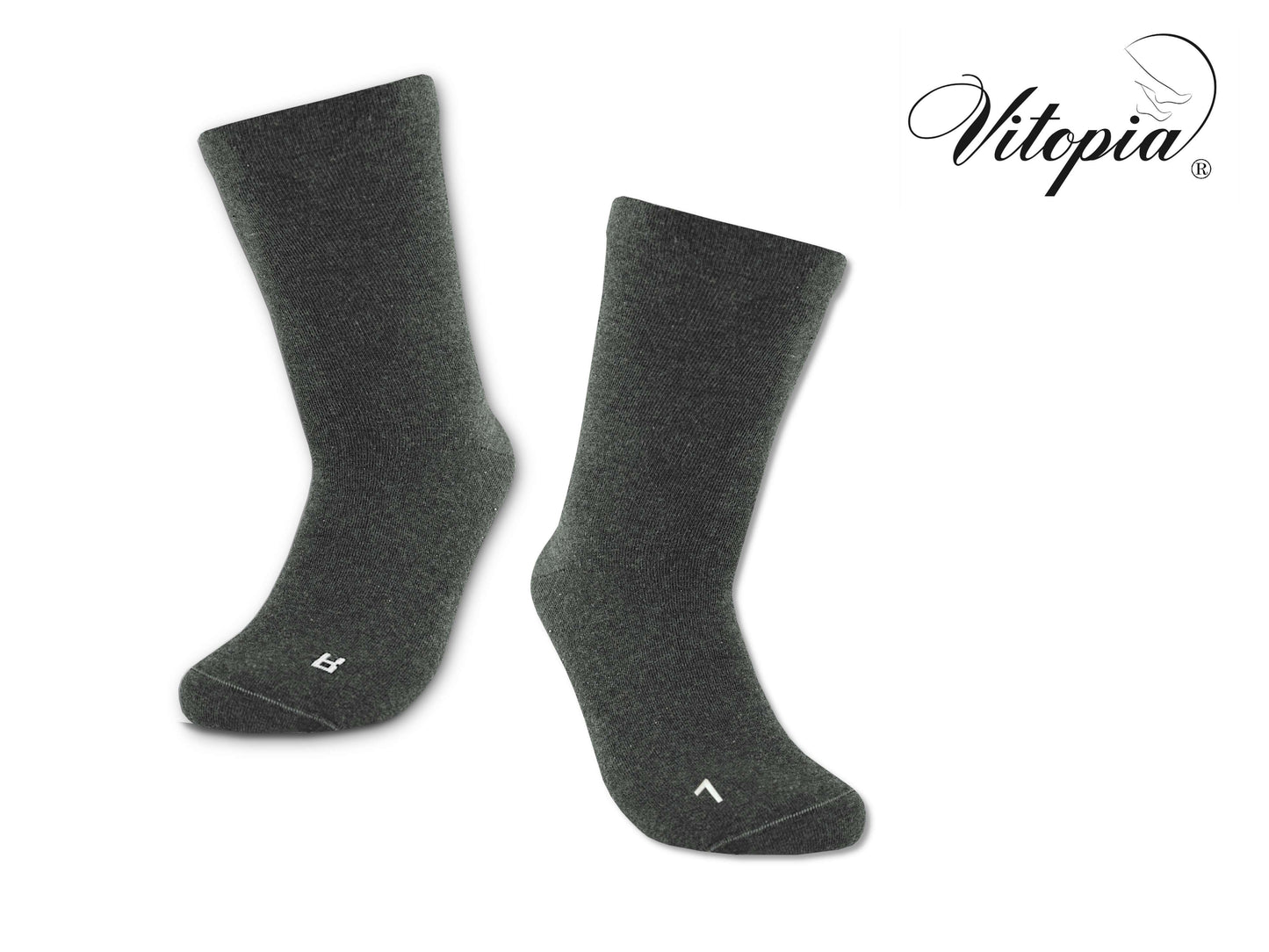 Dunkelgraue Socken Vitopia mit Schaft extra weit in Trichterform zum Überziehen über Gips oder Prothese.